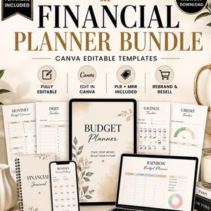 May include: A financial planner bundle with seven planners included. The image shows a laptop, tablet, smartphone, and printed pages with financial planning layouts. The text includes "Financial Planner Bundle" and "Budget Planner."