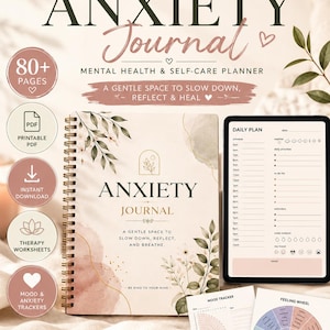 May include: Anxiety Journal, a mental health and self-care planner, with 80+ pages. The journal includes therapy worksheets, mood and anxiety trackers, and tools for calm mind, clarity, and emotional wellness. The cover features the text "Anxiety Journal".