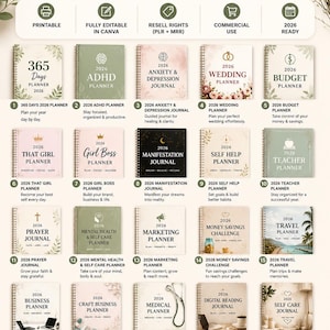 2026 planner bundle Etsy listing image featuring 20 printable planners and journals including ADHD planner, budget planner, wedding planner, manifestation journal, business planner, mental health planner, self care journal, teacher planner and travel planner. Editable Canva templates with PLR and MRR rights, instant digital download for Etsy sellers, coaches and entrepreneurs.