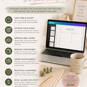 2026 planner bundle benefits infographic for Etsy featuring editable Canva planners, printable journals and PLR MRR digital products. Image highlights productivity, goal planning, business growth, budgeting, mental health, self care and passive income benefits for Etsy sellers, creators and online entrepreneurs.
