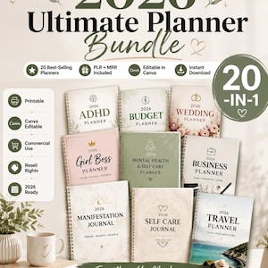 2026 planners bundle mockup featuring ADHD planner, budget planner, wedding planner, girl boss planner, manifestation journal, self care planner, business planner and travel planner in a luxury feminine aesthetic. Editable Canva templates with PLR and MRR rights, printable digital download for Etsy sellers, instant download planner bundle for entrepreneurs and small business owners. High converting Etsy listing image for 2026 planner bundle with commercial use rights.