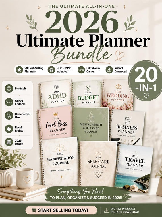 2026 Planner Bundle PLR MRR Digital Download, Journals Canva Template, Resell Rights, Passive Income, Digital Products Small Business