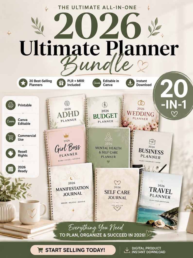 2026 planners bundle mockup featuring ADHD planner, budget planner, wedding planner, girl boss planner, manifestation journal, self care planner, business planner and travel planner in a luxury feminine aesthetic. Editable Canva templates with PLR and MRR rights, printable digital download for Etsy sellers, instant download planner bundle for entrepreneurs and small business owners. High converting Etsy listing image for 2026 planner bundle with commercial use rights.