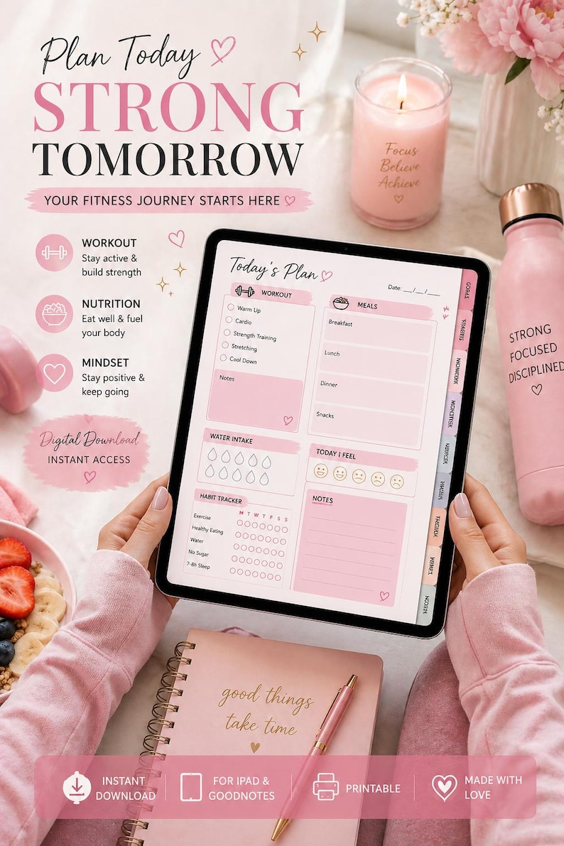 fitness planner lifestyle mockup digital workout planner ipad girly aesthetic gym planner printable 
fitness tracker habit tracker meal planner