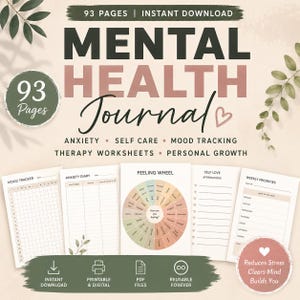May include: A digital mental health journal with 93 pages, featuring sections for anxiety, self-care, and mood tracking. Includes therapy worksheets and personal growth prompts. The journal is available for instant download as a printable PDF.