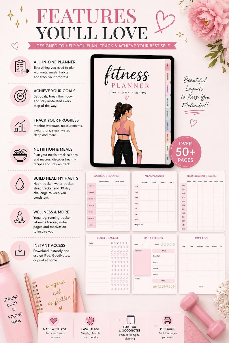 fitness planner features digital workout planner gym planner workout tracker meal planner
 habit tracker printable fitness planner ipad goodnotes