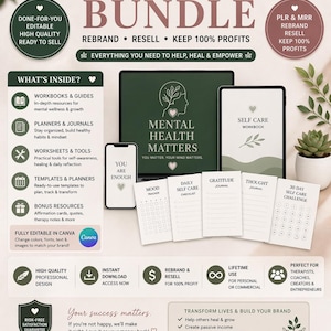 Puede incluir: Un paquete digital de salud mental con el texto "Mental Health Bundle" y "PLR & MRR". Incluye cuadernos de trabajo, planificadores, hojas de c&aacute;lculo y plantillas. Con el texto "Ready to make an impact? Start Your Journey Today!"