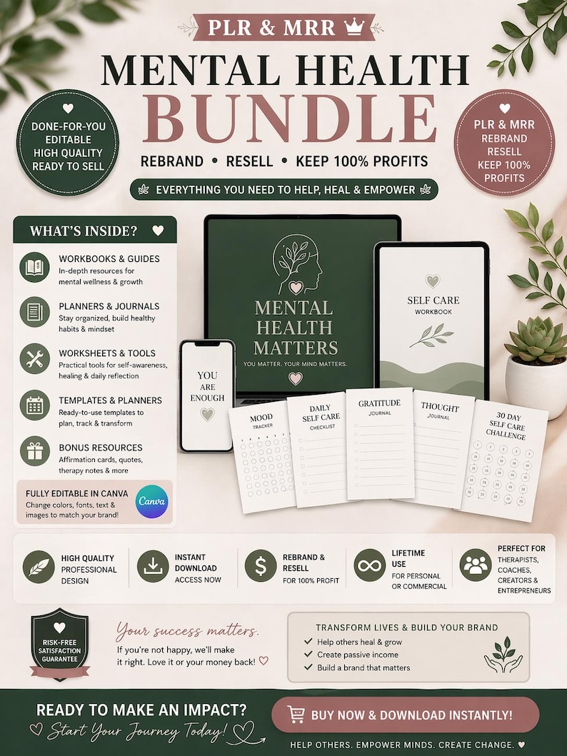 Puede incluir: Un paquete digital de salud mental con el texto "Mental Health Bundle" y "PLR & MRR". Incluye cuadernos de trabajo, planificadores, hojas de c&aacute;lculo y plantillas. Con el texto "Ready to make an impact? Start Your Journey Today!"