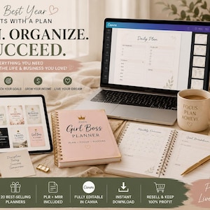 Canva editable 2026 planner bundle infographic for Etsy featuring customizable printable planners and PLR MRR digital products. Image shows editable Canva templates, commercial use rights, rebrand options and passive income opportunities for Etsy sellers, coaches and digital product creators.
