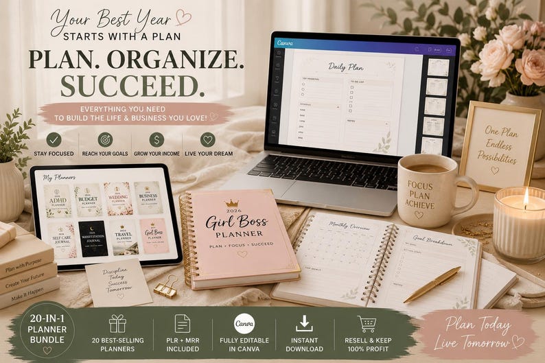 Canva editable 2026 planner bundle infographic for Etsy featuring customizable printable planners and PLR MRR digital products. Image shows editable Canva templates, commercial use rights, rebrand options and passive income opportunities for Etsy sellers, coaches and digital product creators.