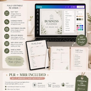 May include: A digital planner bundle displayed on a laptop, tablet, and notebook. The image promotes the ability to edit text, fonts, colors, and images. The text includes "2026 Business Planner" and "Commercial Use Allowed!"