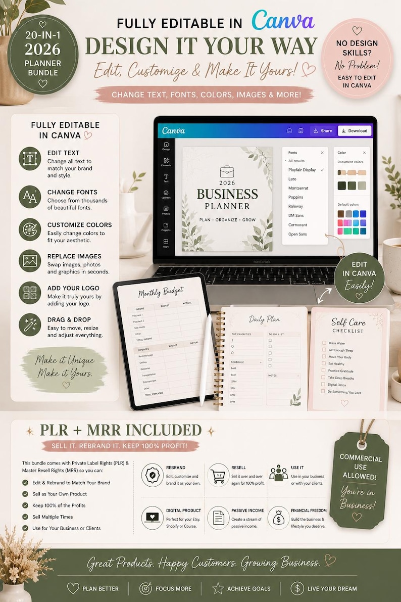 May include: A digital planner bundle displayed on a laptop, tablet, and notebook. The image promotes the ability to edit text, fonts, colors, and images. The text includes "2026 Business Planner" and "Commercial Use Allowed!"