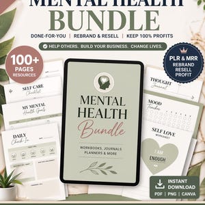 Psykisk hälsa-paket PLR | ADHD-planerare, ångestdagbok, arbetsbok | Digital nedladdning av Canva-mall, återförsäljningsrättigheter MRR