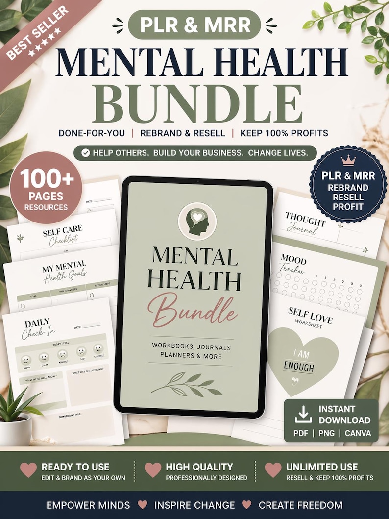 Puede incluir: Un paquete digital de salud mental con cuadernos de trabajo, diarios y planificadores. La portada muestra el t&iacute;tulo "Mental Health Bundle". Incluye una lista de verificaci&oacute;n de autocuidado, un registro diario y un rastreador de estado de &aacute;nimo. Descarga instant&aacute;nea.