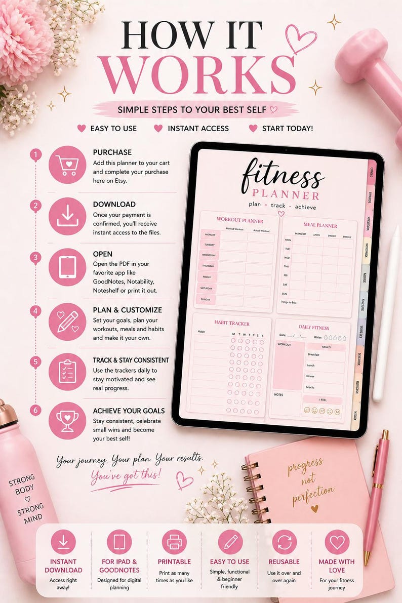 fitness planner how it works digital workout planner steps download printable fitness planner
 ipad goodnotes workout tracker meal planner habit tracker