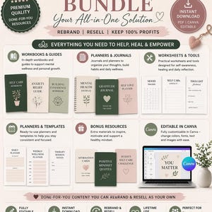 Puede incluir: Un completo paquete de salud mental con cuadernos de trabajo, planificadores y plantillas. Incluye recursos para el autocuidado y la confianza. Cuenta con plantillas editables de Canva y descarga instant&aacute;nea. Dise&ntilde;ado para ayudar, sanar y empoderar.