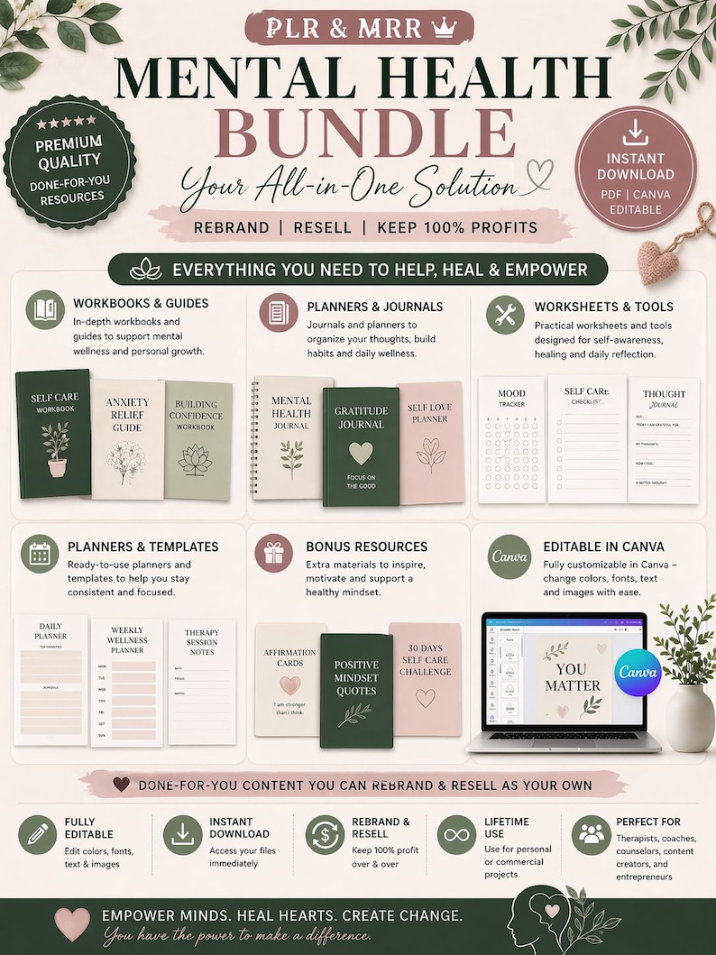 Puede incluir: Un completo paquete de salud mental con cuadernos de trabajo, planificadores y plantillas. Incluye recursos para el autocuidado y la confianza. Cuenta con plantillas editables de Canva y descarga instant&aacute;nea. Dise&ntilde;ado para ayudar, sanar y empoderar.