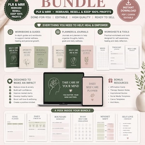 Puede incluir: Un paquete digital de salud mental con cuadernos de trabajo, planificadores y hojas de c&aacute;lculo. Incluye un port&aacute;til y una tableta que muestran "Take Care of Your Mind". El paquete ofrece recursos para el autocuidado, la confianza en s&iacute; mismo y la reducci&oacute;n del estr&eacute;s.