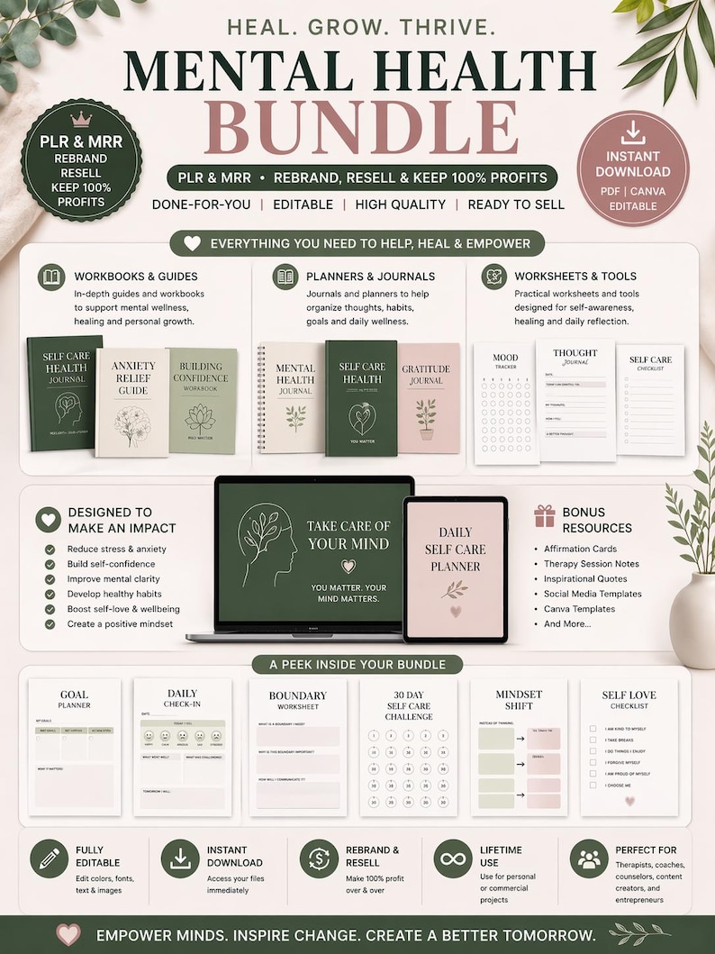 Puede incluir: Un paquete digital de salud mental con cuadernos de trabajo, planificadores y hojas de c&aacute;lculo. Incluye un port&aacute;til y una tableta que muestran "Take Care of Your Mind". El paquete ofrece recursos para el autocuidado, la confianza en s&iacute; mismo y la reducci&oacute;n del estr&eacute;s.