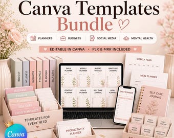 Pacchetto di oltre 200 modelli Canva PLR / Agende, diari, tracker / Download digitale del pacchetto di modelli Canva con diritti di rivendita (MRR)