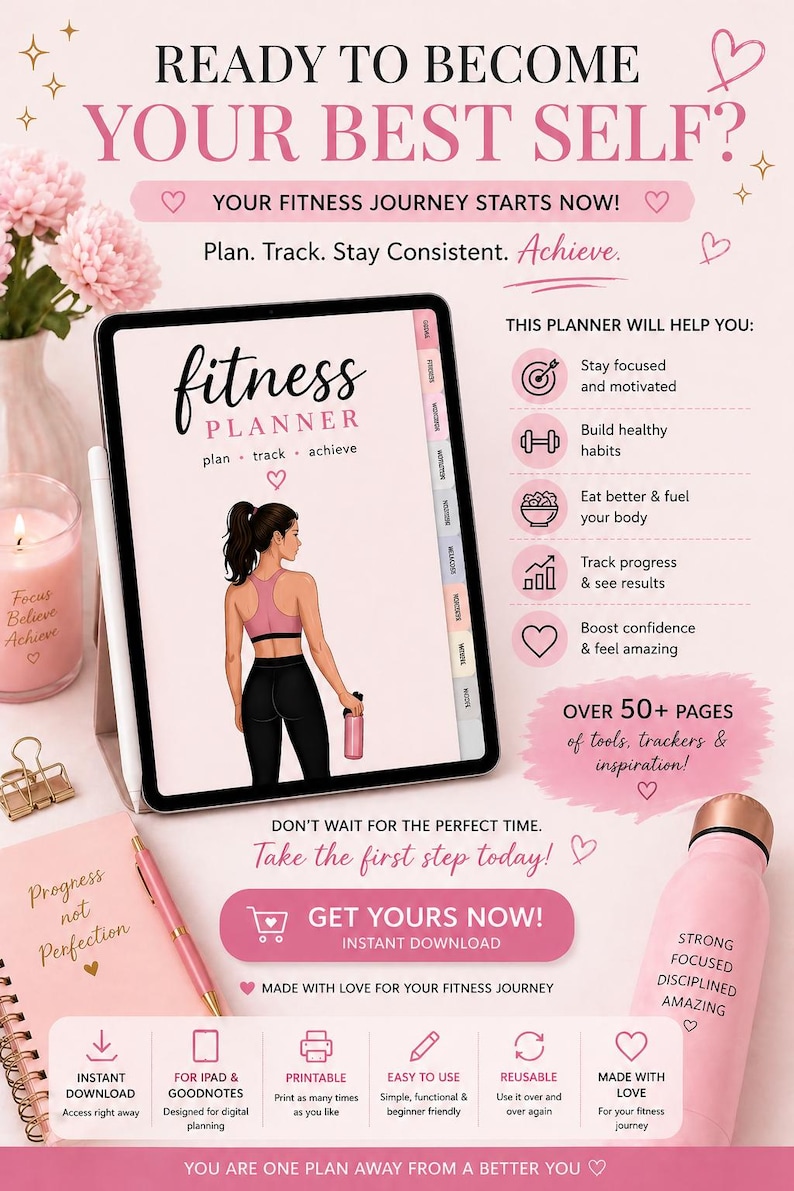 fitness planner call to action digital workout planner get yours now printable fitness planner
 ipad goodnotes workout tracker meal planner habit tracker