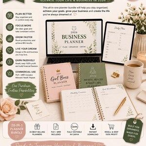 Final CTA Etsy listing image for 2026 planner bundle featuring editable Canva templates, printable planners and PLR MRR digital products. Luxury feminine workspace mockup with business planner, girl boss planner, mental health planner and productivity pages designed for Etsy sellers, digital entrepreneurs and passive income creators. Instant download commercial use bundle to grow an online business and organize life goals.