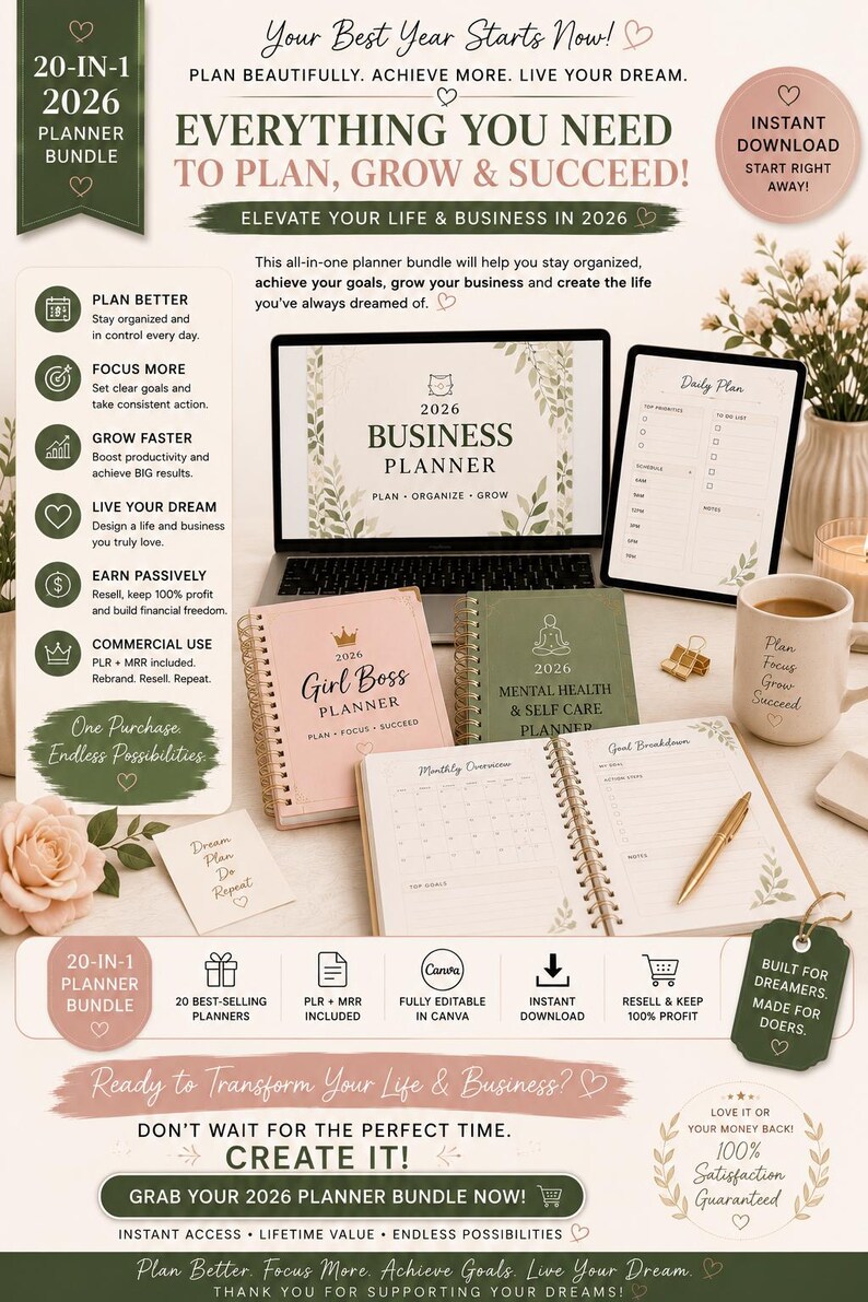 Final CTA Etsy listing image for 2026 planner bundle featuring editable Canva templates, printable planners and PLR MRR digital products. Luxury feminine workspace mockup with business planner, girl boss planner, mental health planner and productivity pages designed for Etsy sellers, digital entrepreneurs and passive income creators. Instant download commercial use bundle to grow an online business and organize life goals.