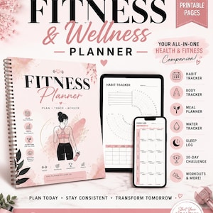 May include: A fitness and wellness planner with a spiral binding, featuring the text "Fitness & Wellness Planner." The cover has a pink and white design with a woman's illustration. Includes a tablet and phone displaying habit and food trackers. The planner has over 20 printable pages.