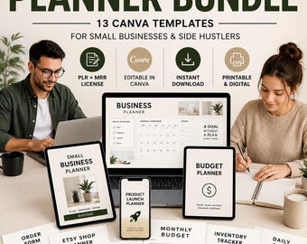Pacchetto di pianificazione per piccole imprese, modelli Canva PLR MRR, pianificatore per negozio Etsy, prodotto digitale, attività secondaria