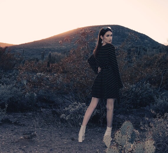 Black and White Striped Sweater Wrap Dress