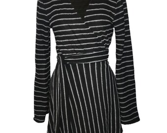 Black and white striped sweater wrap dress