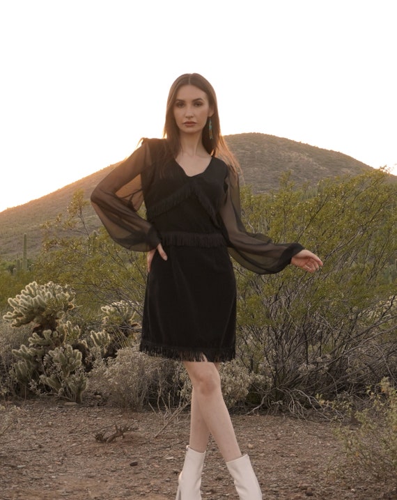Black fringe long sleeve mini dress