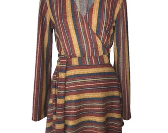 Multi-color striped sweater wrap dress