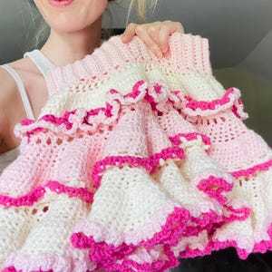 Pink Crochet Mini Skirt Tiered Ruffle Skirt Frilly Feminine Cottagecore