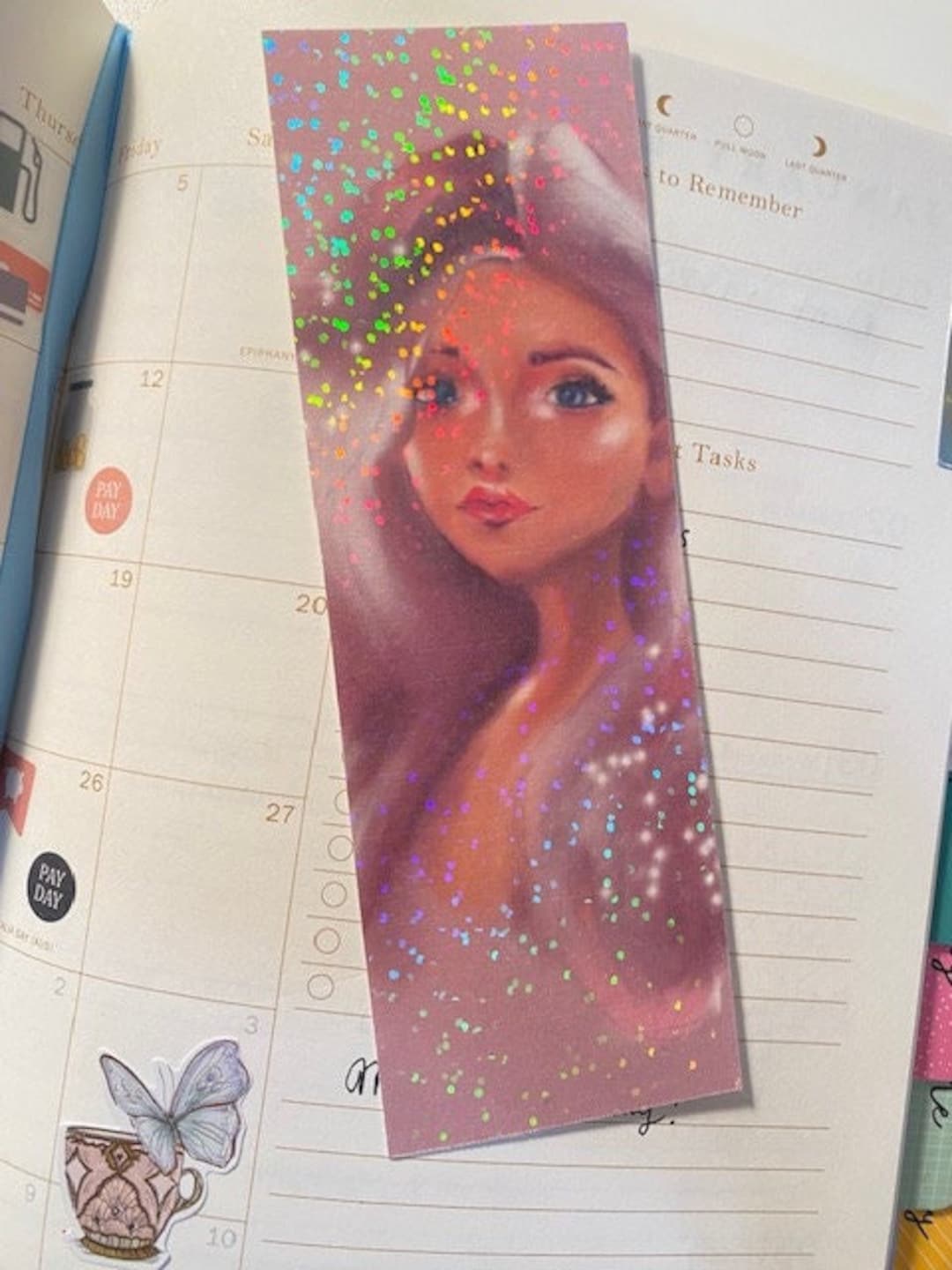 Cute Girly Planner and Reading Holographic Bookmark Aesthetic