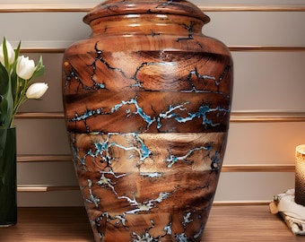 Personalized Mango Wood Cremation Urn, Turquoise Lichtenberg Design