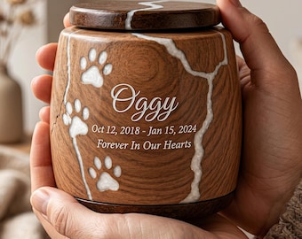 Urna de madera artesanal para mascotas con huellas de patas de resina blanca, monumento conmemorativo personalizado.