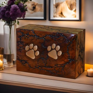 Handcrafted Lichtenberg Pet Urn with Paw Prints - Hardwood Ashes Box