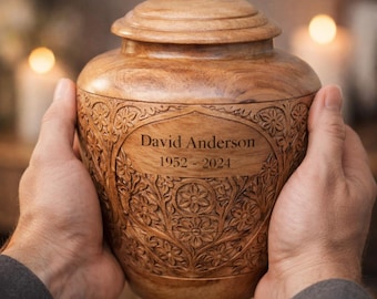 Hand Carved Mango Wood Cremation Urn: Large Adult Ash Urn