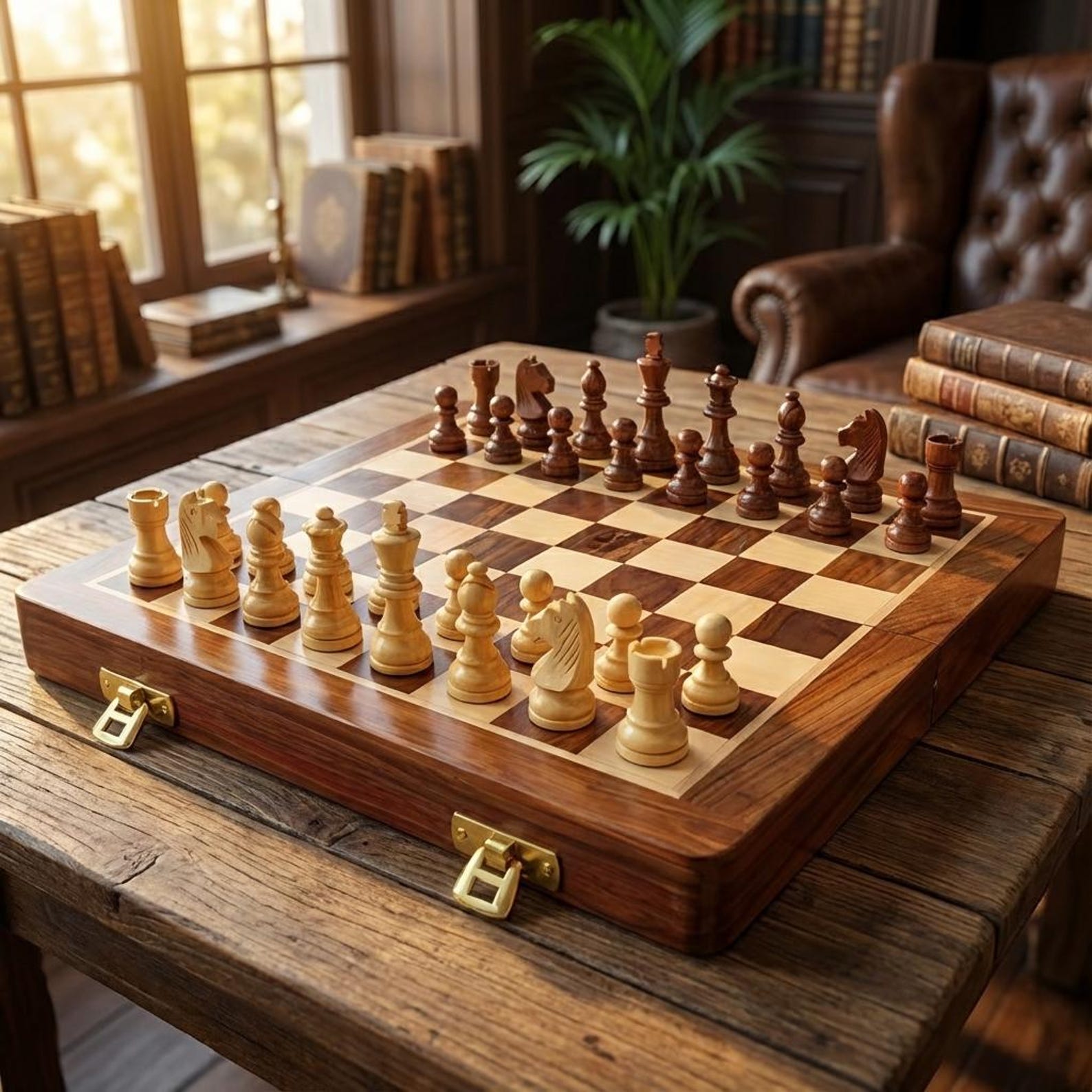 Personalized Magnetic Wooden Chess Set: Folding Travel Board with Extra Queens, Handmade Birthday Gift - 16 INCHES