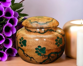 Handmade Wooden Pet Urn with Paw Prints - Personalized Cremation Urn