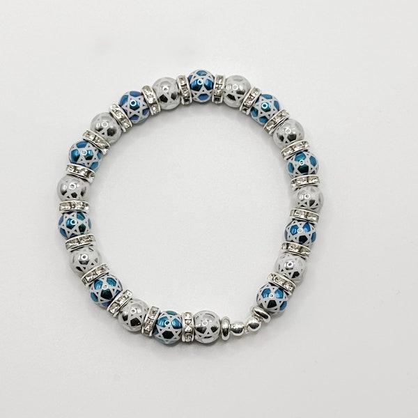 Shimmering Star of David Silver and Blue Beaded Bracelet with Crystal Accents, Judaica Jewelry, Stand With Israel, Jewish Pride, Jewish