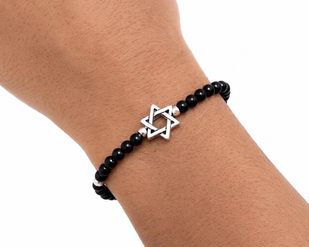 Men's Star of David Bracelet • Black Glass Beads, Silver Accents