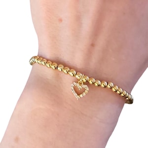 18K Gold Filled Cubic Zirconia Heart Charm Bracelet – Sparkling Beaded Heart Jewelry, Dainty Gold Bracelet, Elegant CZ Gift for Her, Bridal