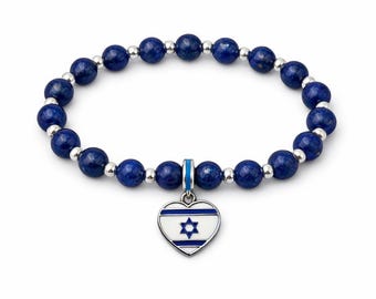 Lapis Lazuli Israel Flag Heart Bracelet • Sterling Silver Jewish Jewelry