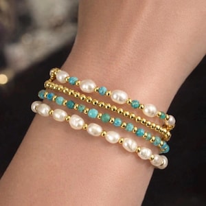 Turquoise & Freshwater Pearl Bracelet Set • Gold Filled Stack