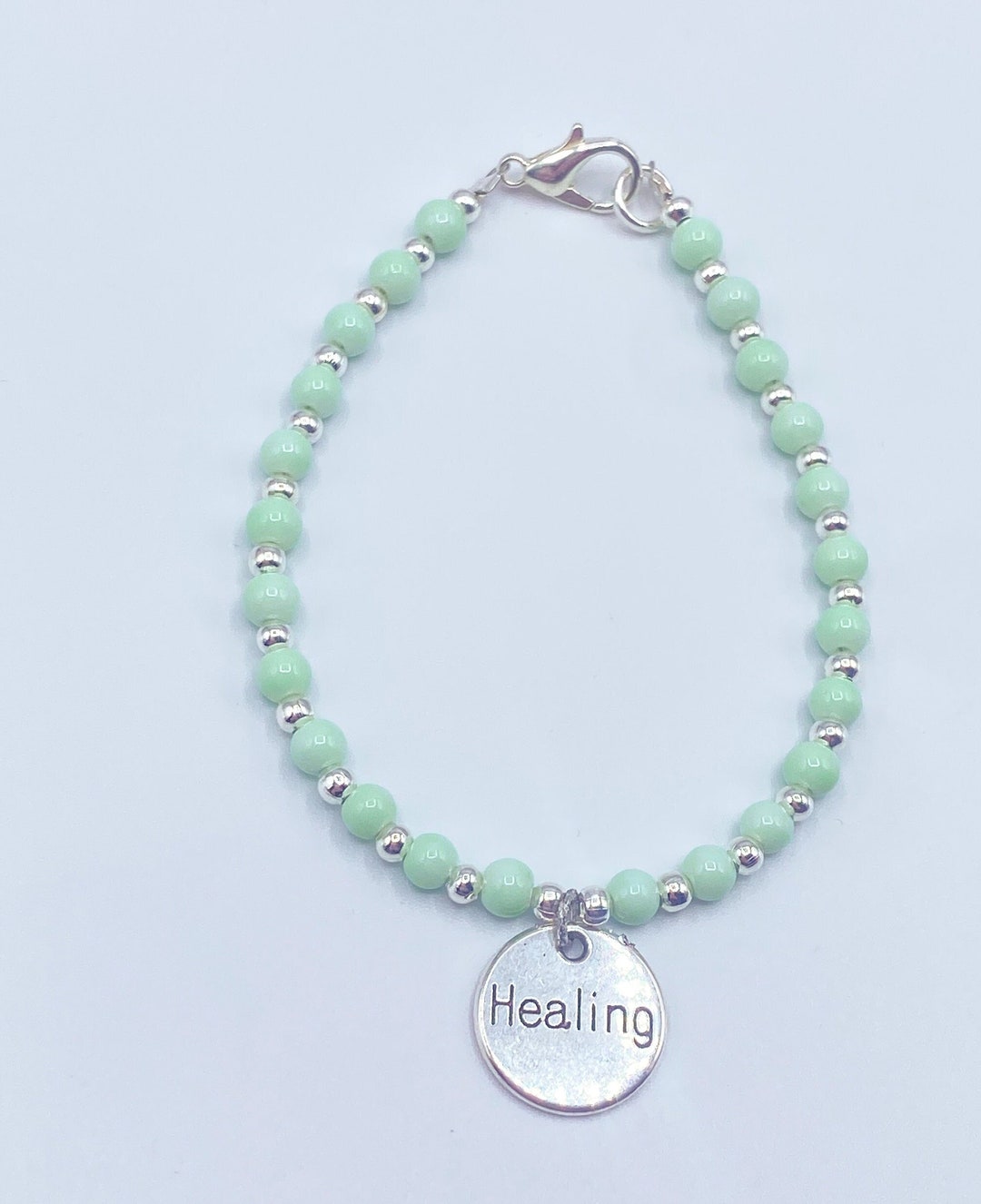 Matcha Green Healing Bracelet Positive Energy Beaded Bracelet Silver ...