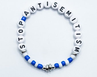 Stop Antisemitism Bracelet, Support Jewish People, Stand With Israel, Unity Against Hate, Am Yisrael Chai, Resin Letter Beads, Blue and Whit