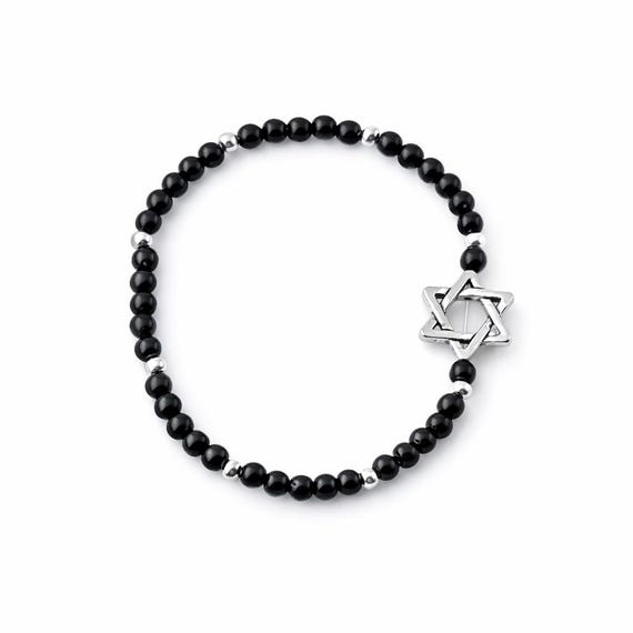 Men's Star of David Bracelet • Black Glass Beads, Silver Accents