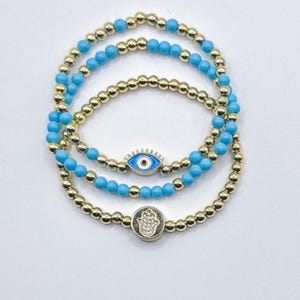 Turquoise Evil Eye & Hamsa Bracelet Set | 18K Gold Filled, CZ Charm, Protection Jewelry, Dainty Layered Boho Bracelets for Women